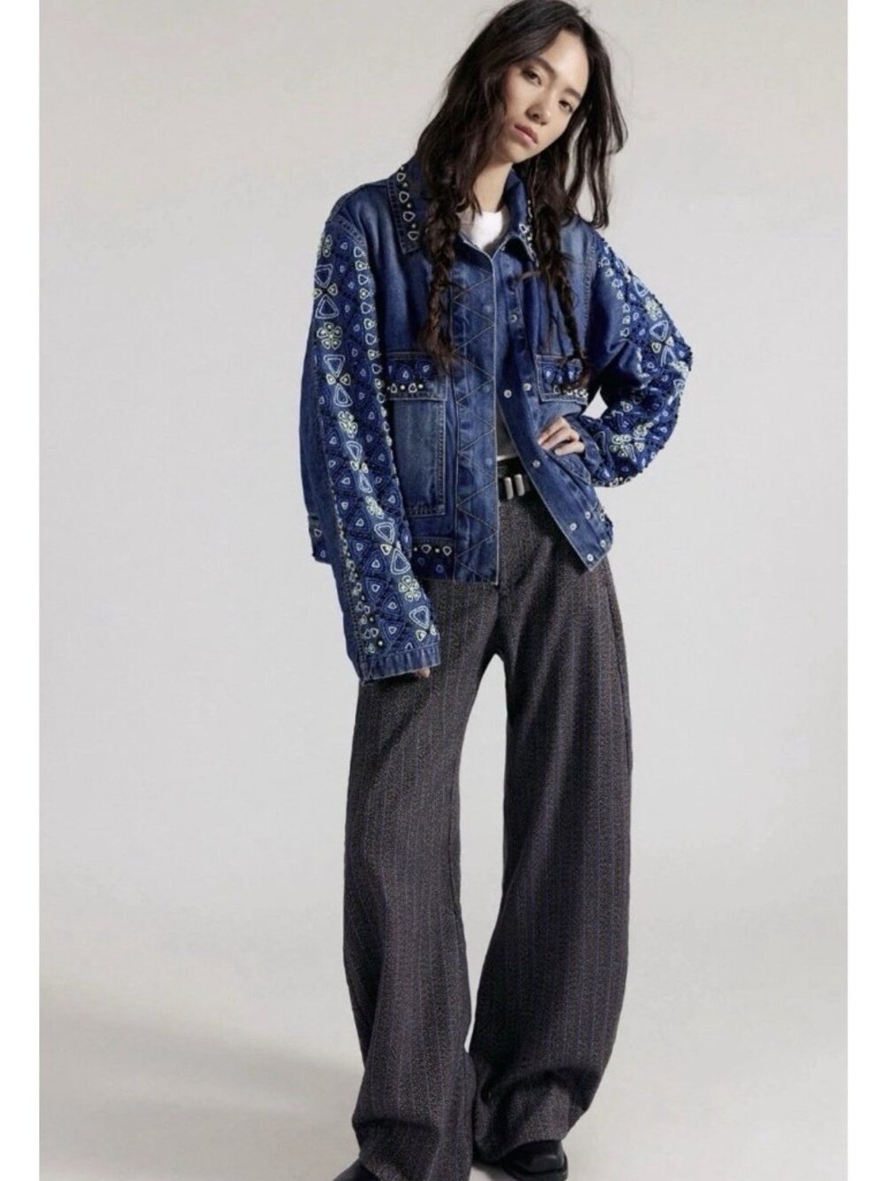 Free People We The Free Suzy Beaded Denim Jacket NWT SIze S MSRP $348 - Picture 2 of 11